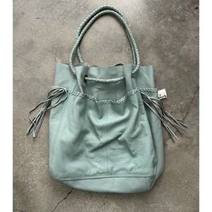 Free People Jolene Leather Fringe Braided Strap Tote Handbag Mint Green Seafoam